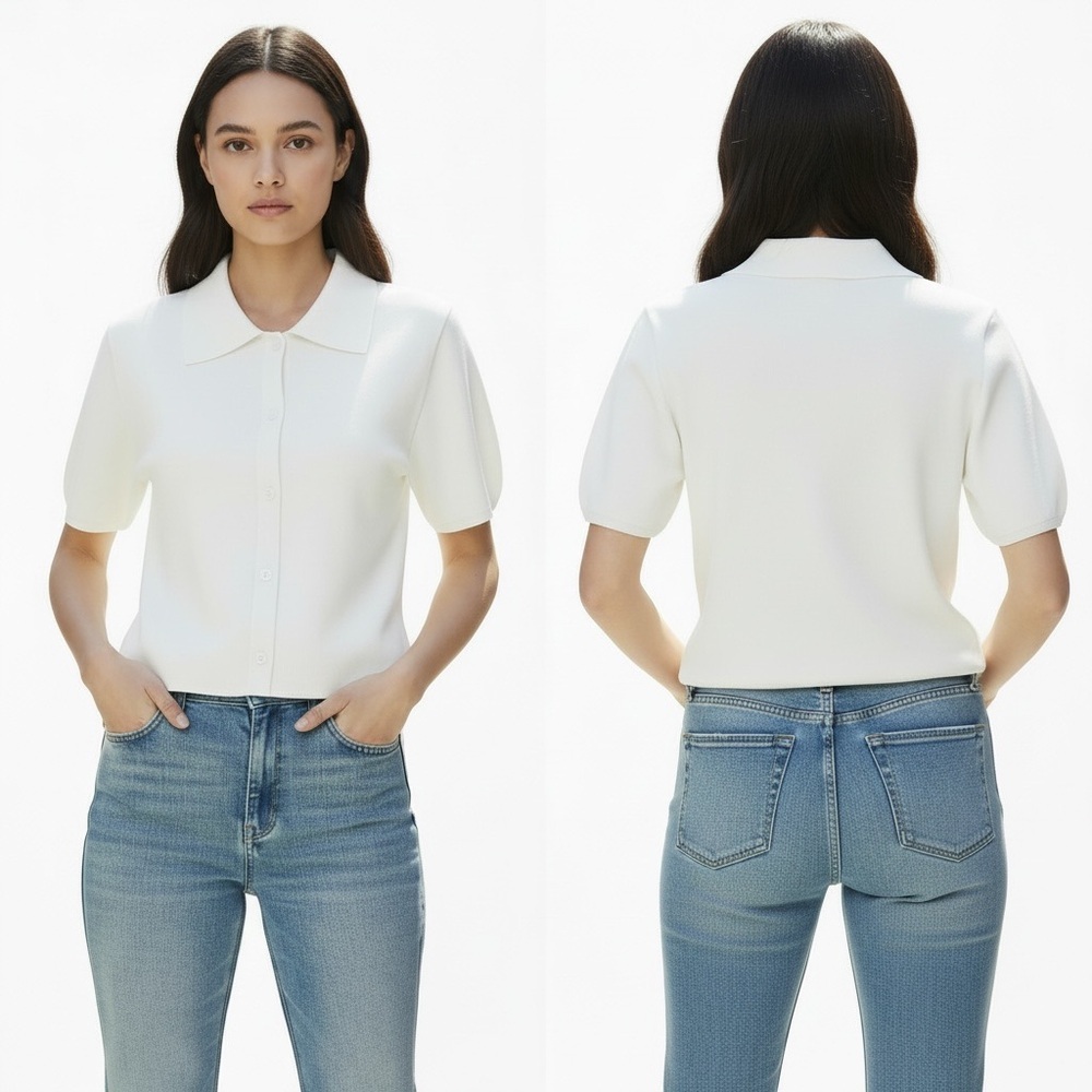 CRUSH Cashmere Blend Polo Short Sleeve Cardigan Size S in Cream